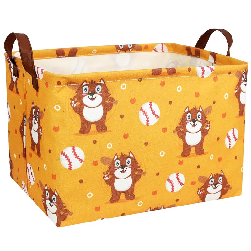 SETAMA Kid Cute Storage Basket Baby Gift Basket Collapsible Rectangle Canvas Storage Bin for Nursery Playroom Bedroom Decor Organizer (Cartoon Bear Baseball) - Image 1